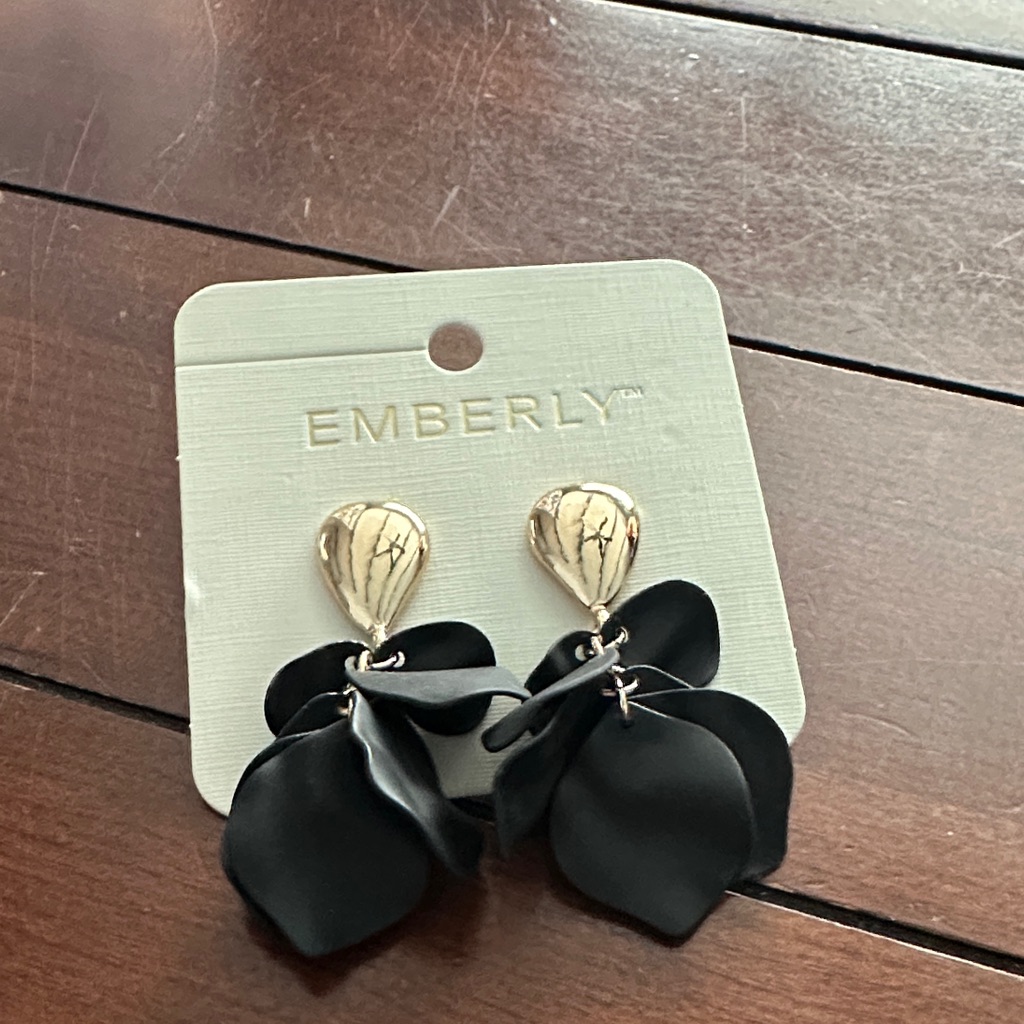 Black Floral Drop Earrings With Gold-Tone Studs